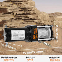 VOLTZ EWS-3000U 12V Electric winch with steel rope (1361kg) single line, battery-operated Remote control winch Cable (8M)/4.8mm alloy steel