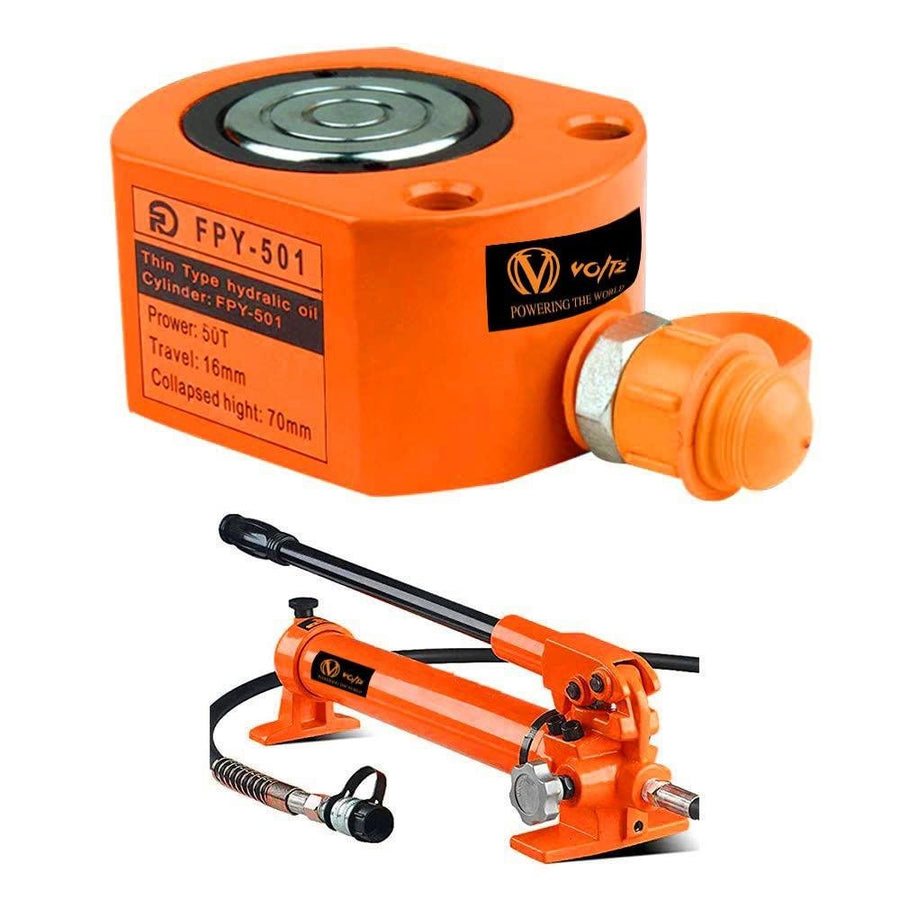 VOLTZ FPY-50700 Hydraulic Cylinders Jack 50T Ultra-Thin Hydraulic Lifting Cylinder Ram Stroke 16mm for Bridges/Building/Machinery Industries with Hand Pump