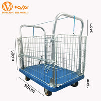 VOLTZ-VTC-400kg Plastic Platform Trolley With Fence Double Handrail Platform Trolley 400kg For Loading And Storage Materials 360 Degree Swivel Wheels, Portable, Foldable Easily Storable Trolley