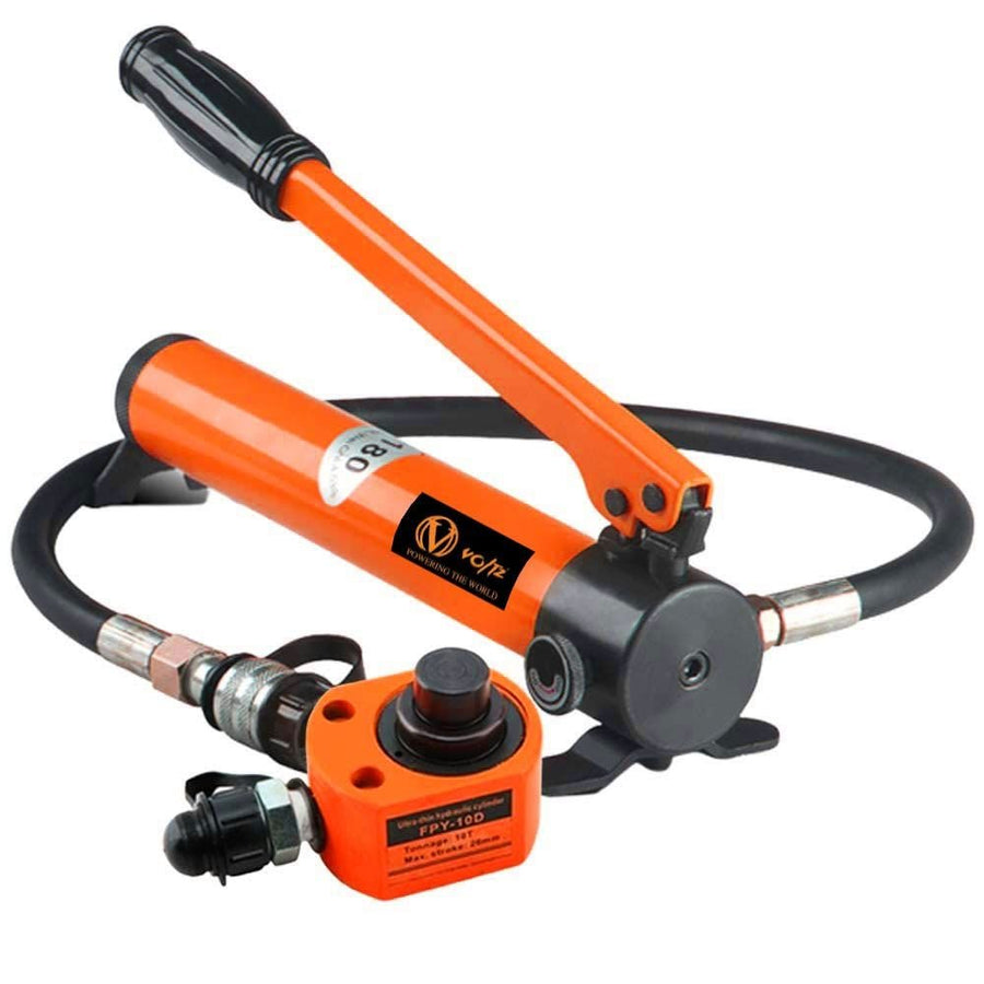 VOLTZ FPY-10D180 Hydraulic Cylinder 10 Ton hydraulic jack with CP 180 hand pump Low Profile Hydraulic Jack Cylinder + Hand Pump Stoke Mini Protable Hydraulic Ram Industrial Thin Lifting Jack, not for Car