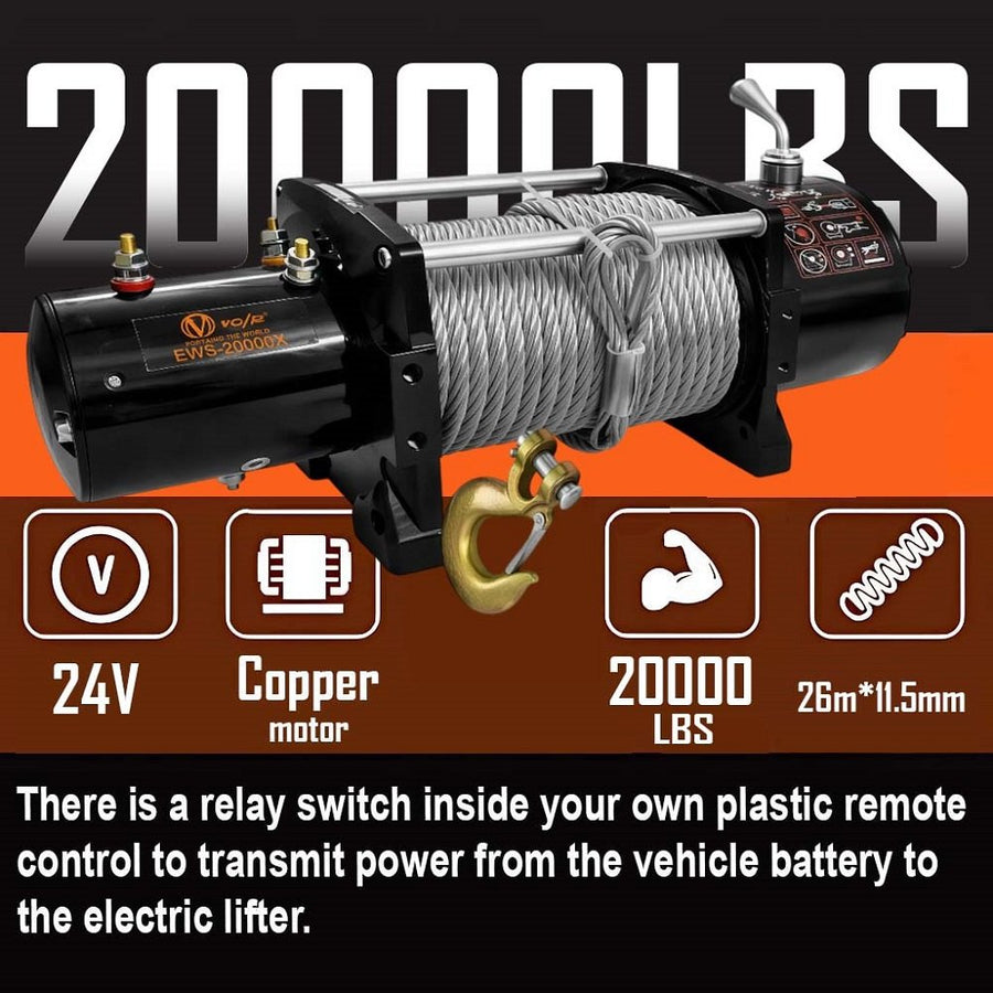 VOLTZ EWS-20000U 24v Electric winch with steel rope (9090kgs) single line, battery-operated Remote control winch Cable (11.5M/26mm) alloy steel