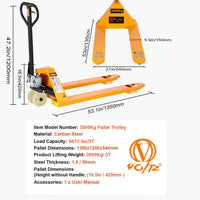 VOLTZ PT-3 Ton Hydraulic Hand Pallet Truck 3000kg Lift Height 200mm, Fork Size 1350x540x12000mm Heavy Duty 3 Stage Lever Manual Use for Warehouse, Factory Operations