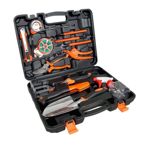 VOLTZ VZ-TK-14 Agriculture Tool Kit 14 Pcs Gardening Tools Heavy Duty Aluminum Garden Hand Tools with Storage Box, Ergonomic Handle Shovel Trowel Rake Weeder Shear Sprayer, Gardening Gift for Men & Women