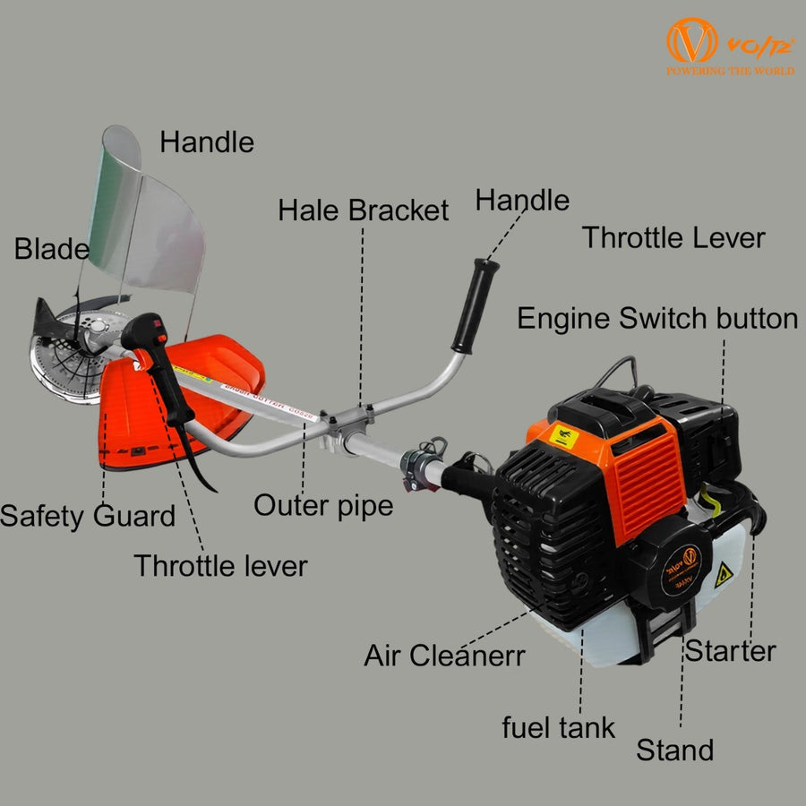 VOLTZ VX44F Brush Cutter 2 Stroke Side Pack Cutter Machine 52cc Extra Power Torque Engine | with Heavy Duty 80 Teeth, 3 Teeth Blades and Tap & Go for Grass Trimming, Lawn Cutting, etc (Fuel Power)
