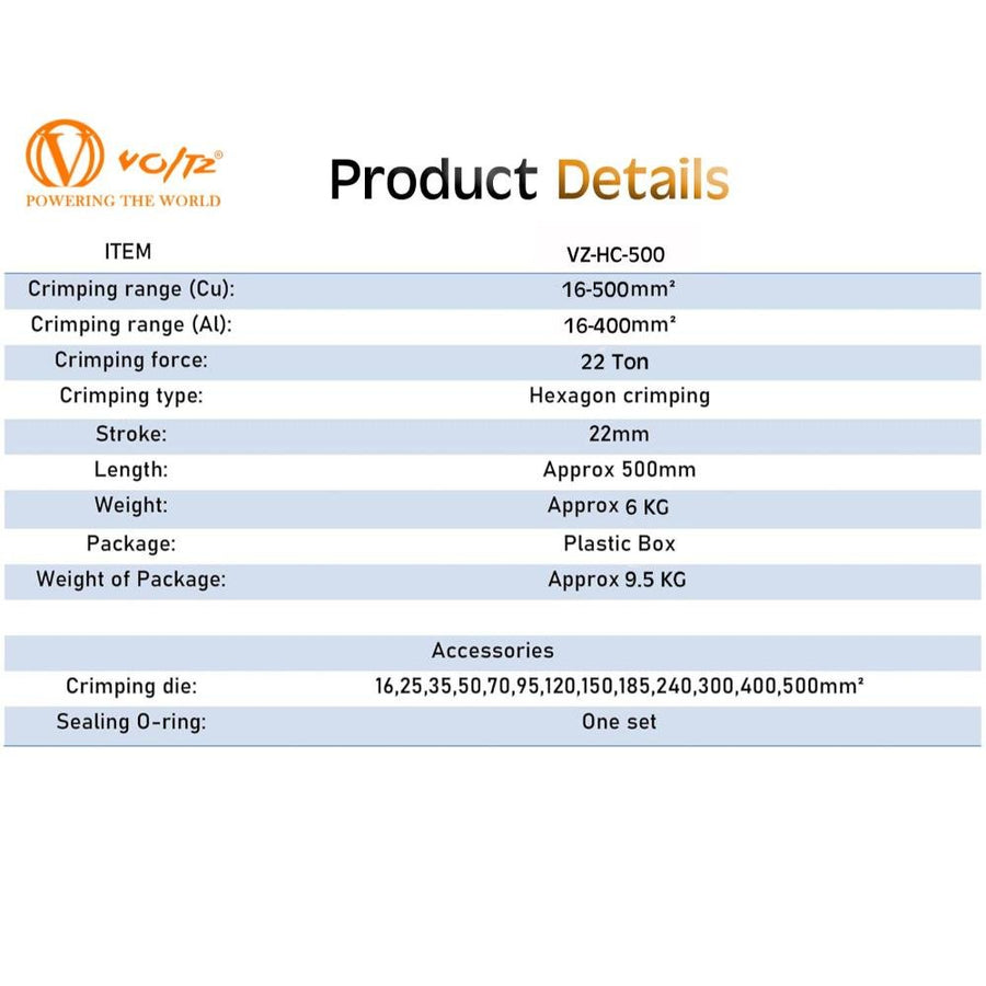 VOLTZ VZ-HC-500 16-500mm² CU  Hydraulic Crimping Tool, 22Ton Crimping Pressure Crimper for Copper and Aluminium Lugs Terminal New Manual Hydraulic Crimper