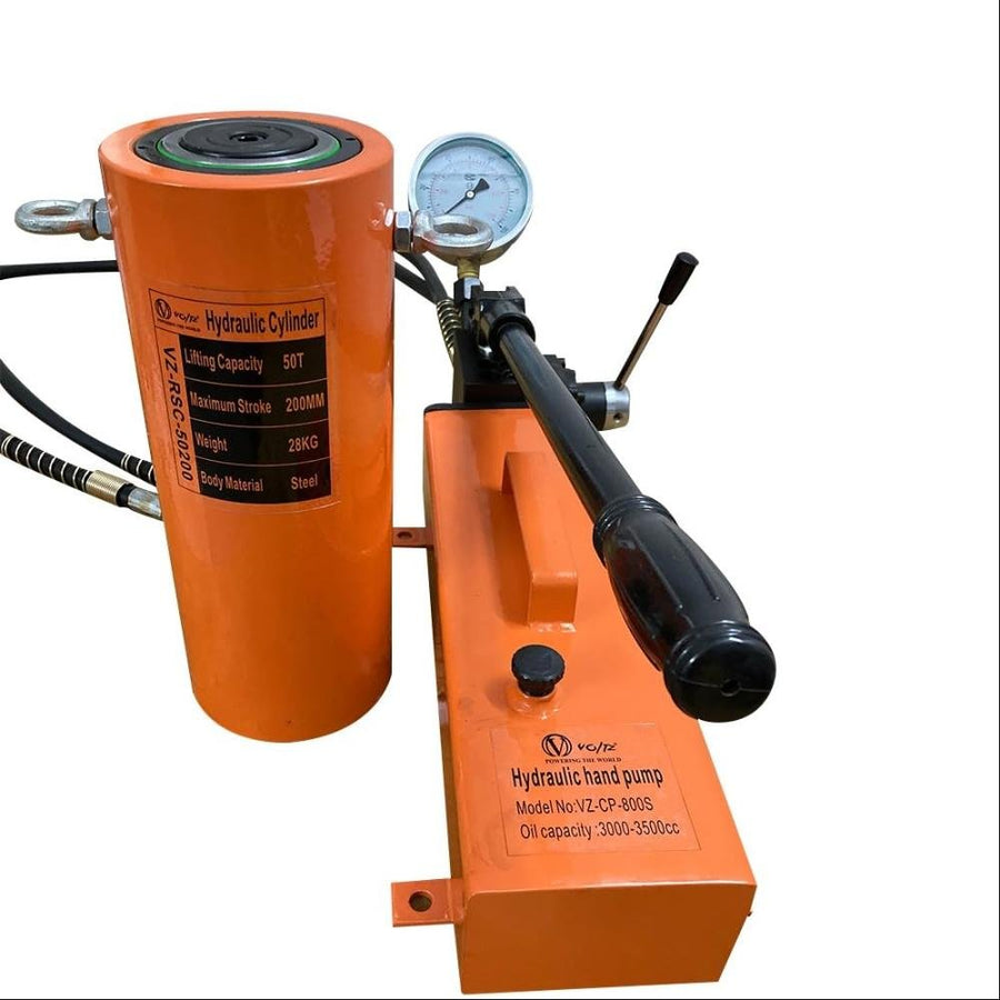 VOLTZ RSC-50200 + VZ-CP-800S Hydraulic Cylinders Jack Solid with Hand Pump with Guage Double Acting Hydraulic Ram Cylinder 200mm Hydraulic Lifting Cylinders (50T 8Inch)