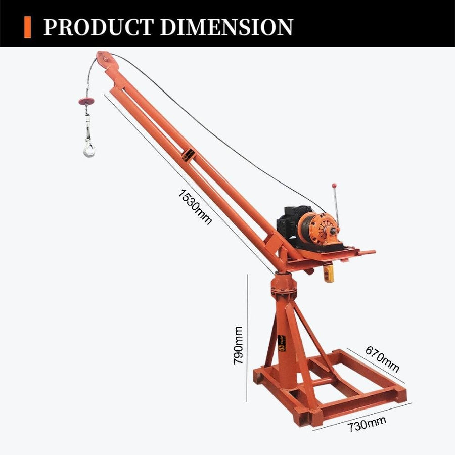 VOLTZ  500kg Monkey Crane Capacity 360° Mini Crane With 1000kg Electric Winch Clutch Winch 4 HP Copper Winding Motor, 50 Meter Wire Rope