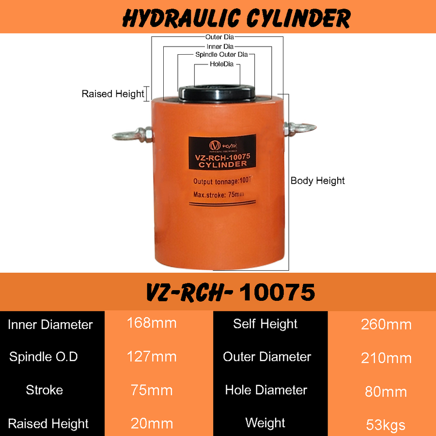 VOLTZ VZ-RCH-10075 Hydraulic Hollow Hole Cylinder Jack with CP 700A Hydraulic Pump Single Acting Ram 75mm Lifting Hydraulic Cylinder Jack Solid with Hand Pump 100 TON (3inch)