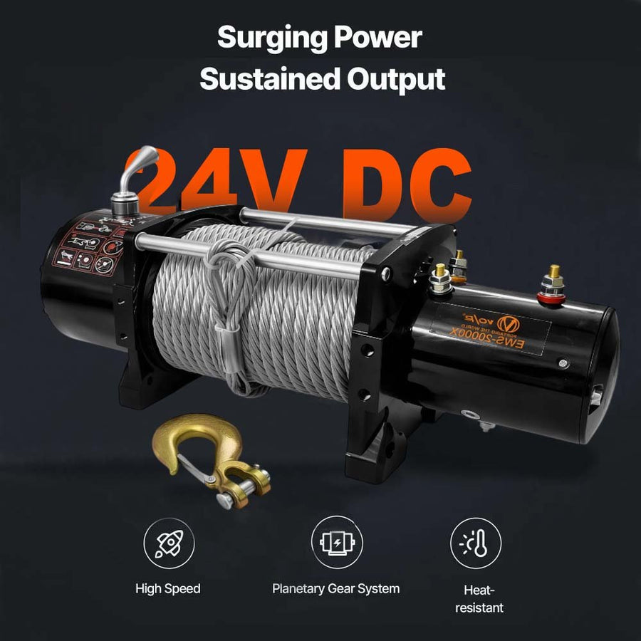 VOLTZ EWS-20000U 24v Electric winch with steel rope (9090kgs) single line, battery-operated Remote control winch Cable (11.5M/26mm) alloy steel