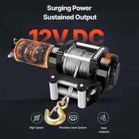 VOLTZ EWS-3500U 12V Electric winch with steel rope (1590kg) single line, battery-operated Remote control winch Cable (10M)/5.3mm alloy steel
