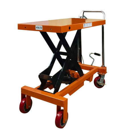 VOLTZ 1000 Kg Hydraulic Lift Trolley Max. Height 900 mm Manual Scissor Lift Table w/ 4 Wheels and Foot Pump, Elevating Hydraulic Cart for Material Handling, Orange