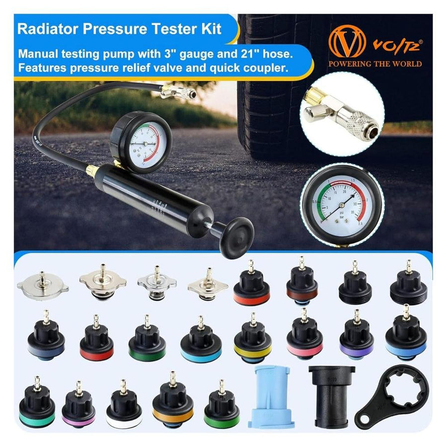 VOLTZ VZ-DN-G1029 28-Piece Universal Radiator Pressure Tester Kit with Vacuum Purge & Coolant Refill