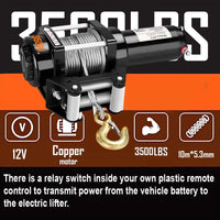 VOLTZ EWS-3500U 12V Electric winch with steel rope (1590kg) single line, battery-operated Remote control winch Cable (10M)/5.3mm alloy steel
