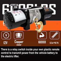 VOLTZ EWS-6000U 12V Electric winch with steel rope (2722kg) single line, battery-operated Remote control winch Cable (24M)/7.2mm alloy steel