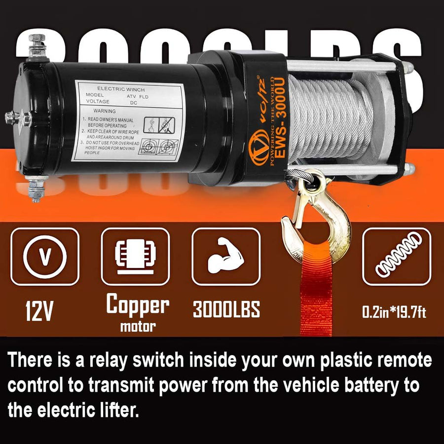 VOLTZ EWS-3000U 12V Electric winch with steel rope (1361kg) single line, battery-operated Remote control winch Cable (8M)/4.8mm alloy steel