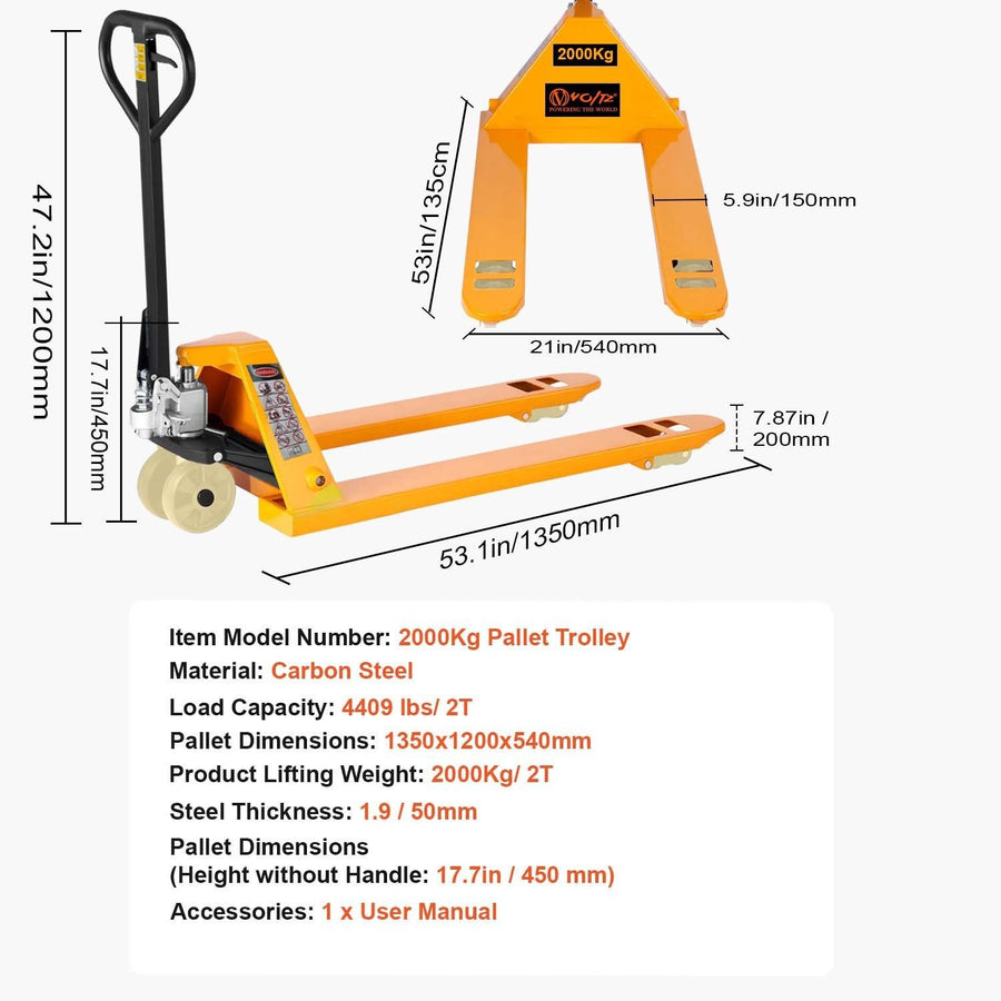 VOLTZ PT-2.5 Ton Hydraulic Hand Pallet Truck 2500kg Lift Height 200mm, Fork Size 1350x540x1200mm Heavy Duty 3 Stage Lever Manual Use for Warehouse, Factory Operations
