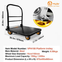 Voltz VZ-VPH 150 Steel Platform Trolley 150kg Load Capacity Heavy Duty Steel Platform Trolley with 360° Swivel Wheels  Foldable Handle Industrial Warehouse Moving Cart