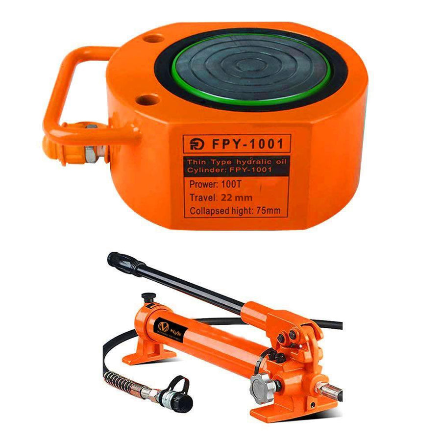VOLTZ FPY-100700 Hydraulic Cylinder Jack 100T Ultra-Thin Hydraulic Lifting Cylinder Ram Stroke 22mm for Bridges/Building/Machinery Industries with Hand Pump