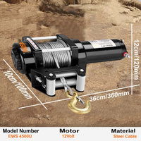 VOLTZ EWS-4500U12V Electric winch with steel rope (2041kg) single line, battery-operated Remote control Cable (10M)/5.3mm alloy steel