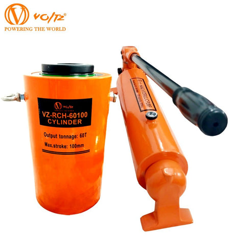VOLTZ VZ-RCH-60100 Hydra Hole Cylinder Jack with CP 700A Hydraulic Pump Single Actinulic Hollowg Ram 100mm Lifting Hydraulic Cylinder Jack Solid with Hand Pump 60 TON (4inch)