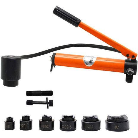 VOLTZ tools SYK-8A Hydraulic Knockout Punches Professional 16mm to 51mm 8 Ton Hydraulic Knockout Punches Metal Hole Complete Puncher Driver Kit Tool Set Yellow w/Draw Studs Piston Shafts Spacers Sealing Rings Carrying Case(6 DIES)