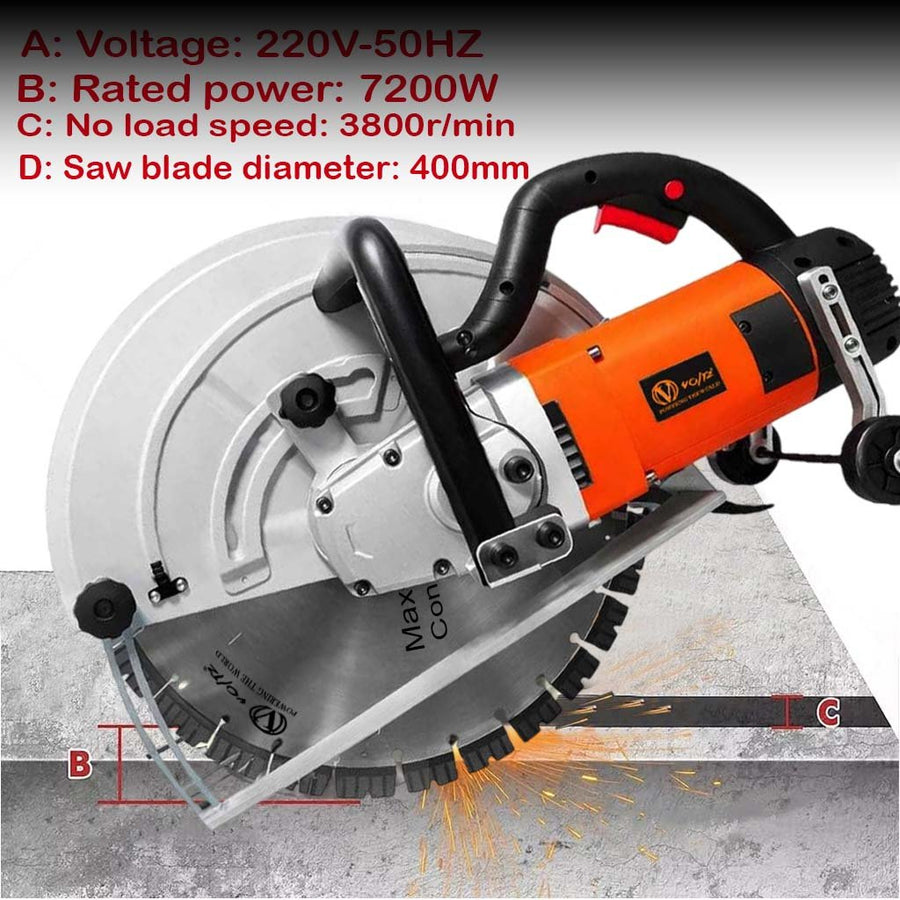 VOLTZ WC-400X Electric Wall Chaser 7200W | 15.7-Inch (400mm) Saw with Guide Roller, Water Line | 3800RPM, 155mm Depth Diamond Cutting Blade 220V Wall, Marble, Concrete Cutter Machine
