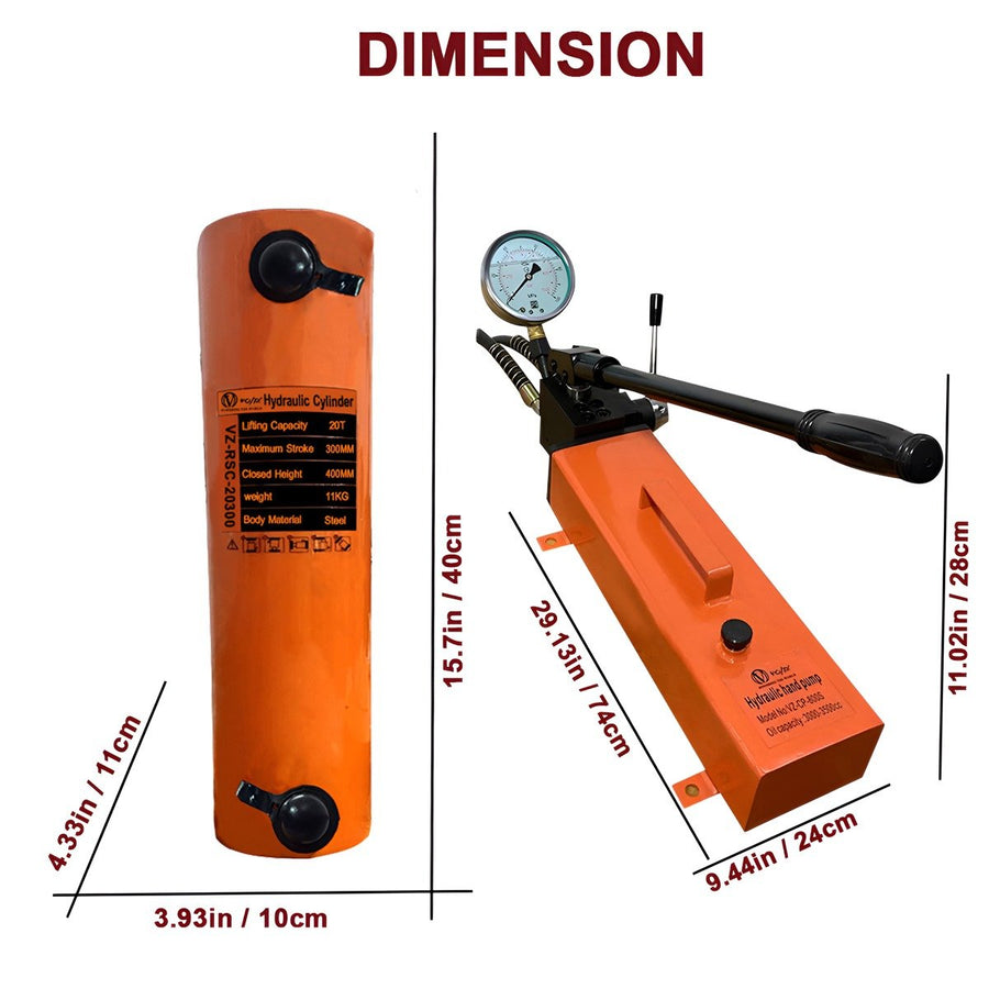VOLTZ VZ-RSC-20300 Hydraulic Lifting Jack with CP-800S Hydraulic Pump Single Acting Ram 300mm Lifting Hydraulic Cylinder Jack Solid with Hand Pump 20 TON