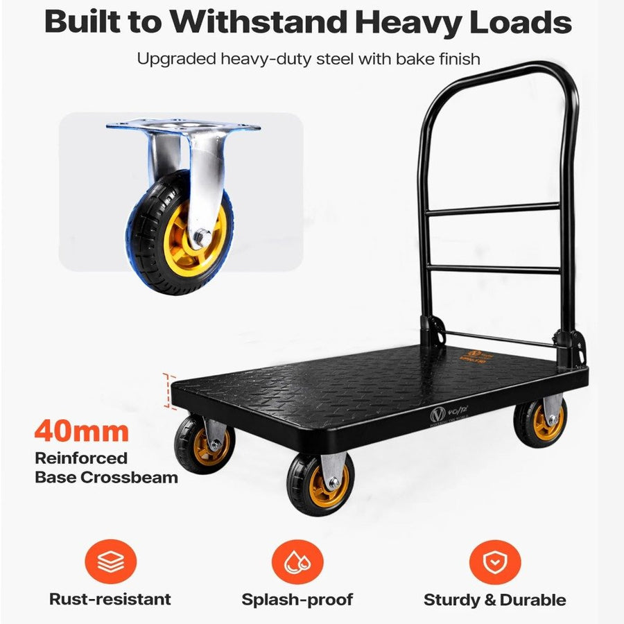 Voltz VZ-VPH 150 Steel Platform Trolley 150kg Load Capacity Heavy Duty Steel Platform Trolley with 360° Swivel Wheels  Foldable Handle Industrial Warehouse Moving Cart