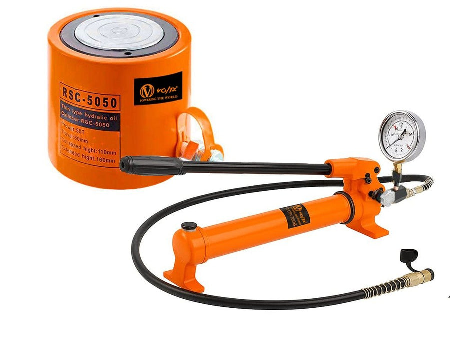 VOLTZ RSC 5050700B Hydraulic cylinders 50T 2Inch Stroke Hydraulic Cylinder Jack Solid With Hand pump Pressure Gauge Single Acting Hydraulic Ram Cylinder 50mm Hydraulic Lifting Cylinders (50T 2Inch)