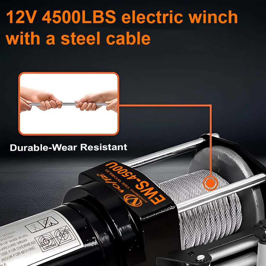 VOLTZ EWS-4500U12V Electric winch with steel rope (2041kg) single line, battery-operated Remote control Cable (10M)/5.3mm alloy steel