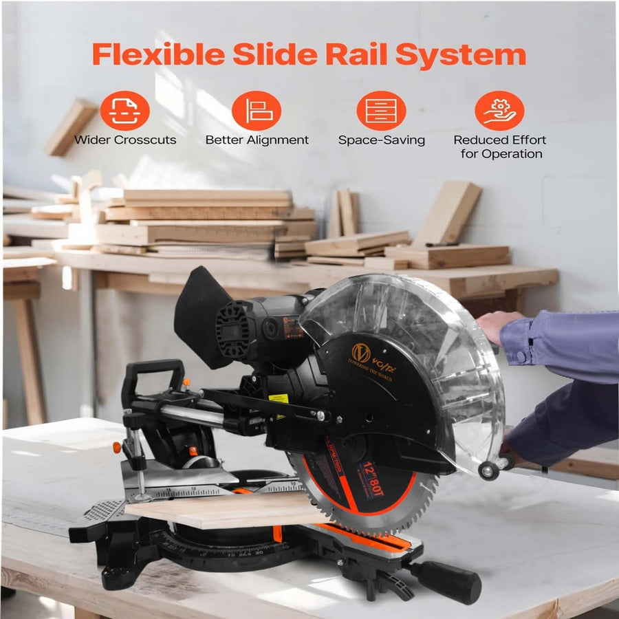 VOLTZ VZ-MS305 Miter Saw 2400W 12" with Dual Bevel Sliding Compound Miter Saw with Laser & Corded Electric LED Light 3800 RPM 305mm Blade Dia & 80T TCT Blade, Professional Mitersaw Ideal For Cutting Wood