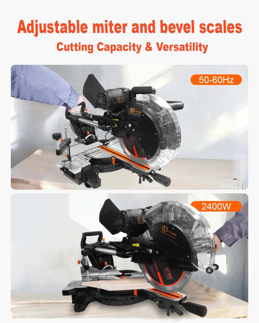 VOLTZ VZ-MS305 Miter Saw 2400W 12" with Dual Bevel Sliding Compound Miter Saw with Laser & Corded Electric LED Light 3800 RPM 305mm Blade Dia & 80T TCT Blade, Professional Mitersaw Ideal For Cutting Wood