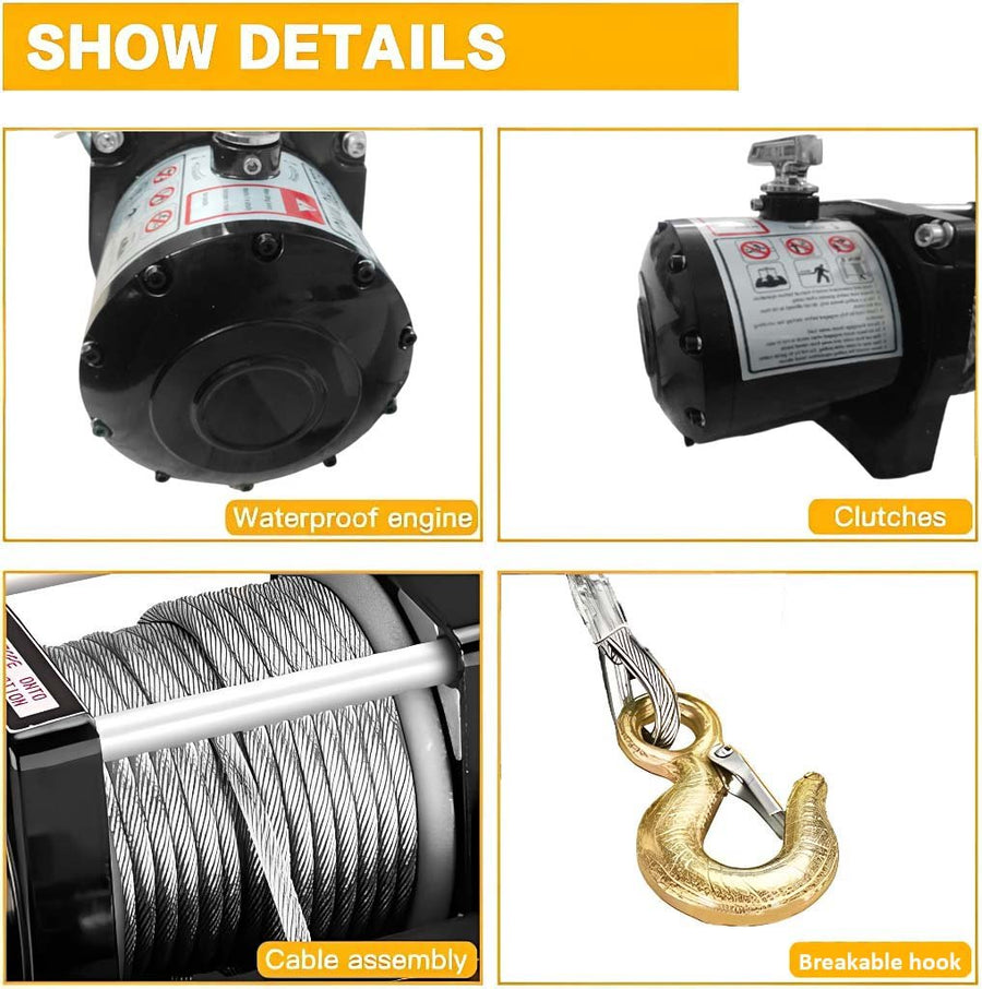 VOLTZ EWS-6000U 12V Electric winch with steel rope (2722kg) single line, battery-operated Remote control winch Cable (24M)/7.2mm alloy steel