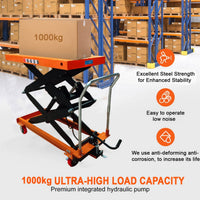 VOLTZ 1000Kg Hydraulic Lift Trolley Max Height 1700 mm Manual Scissor Lift Table w/ 4 Wheels and Foot Pump, Elevating Hydraulic Cart for Material Handling, Orange
