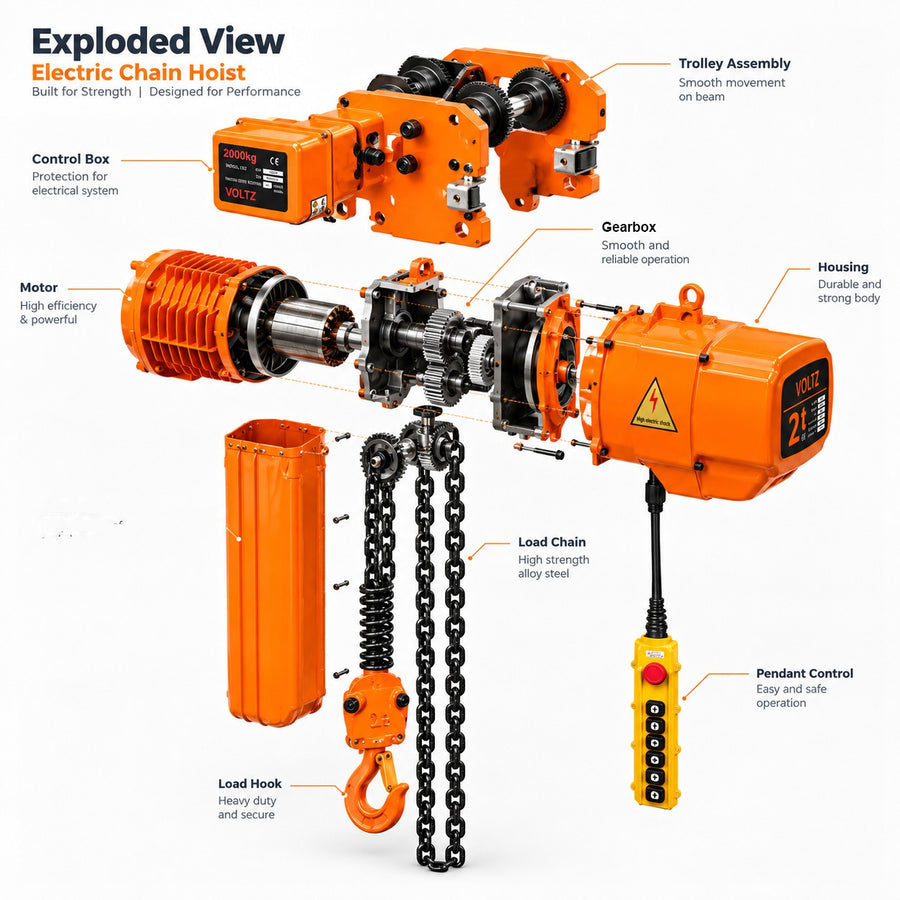 VOLTZ VEH-2T Electric Chain Hoist with Power Trolleyv, 20ft Lifting Height, 3-Phase 380V Overhead Crane  16ft Wired Remote Control