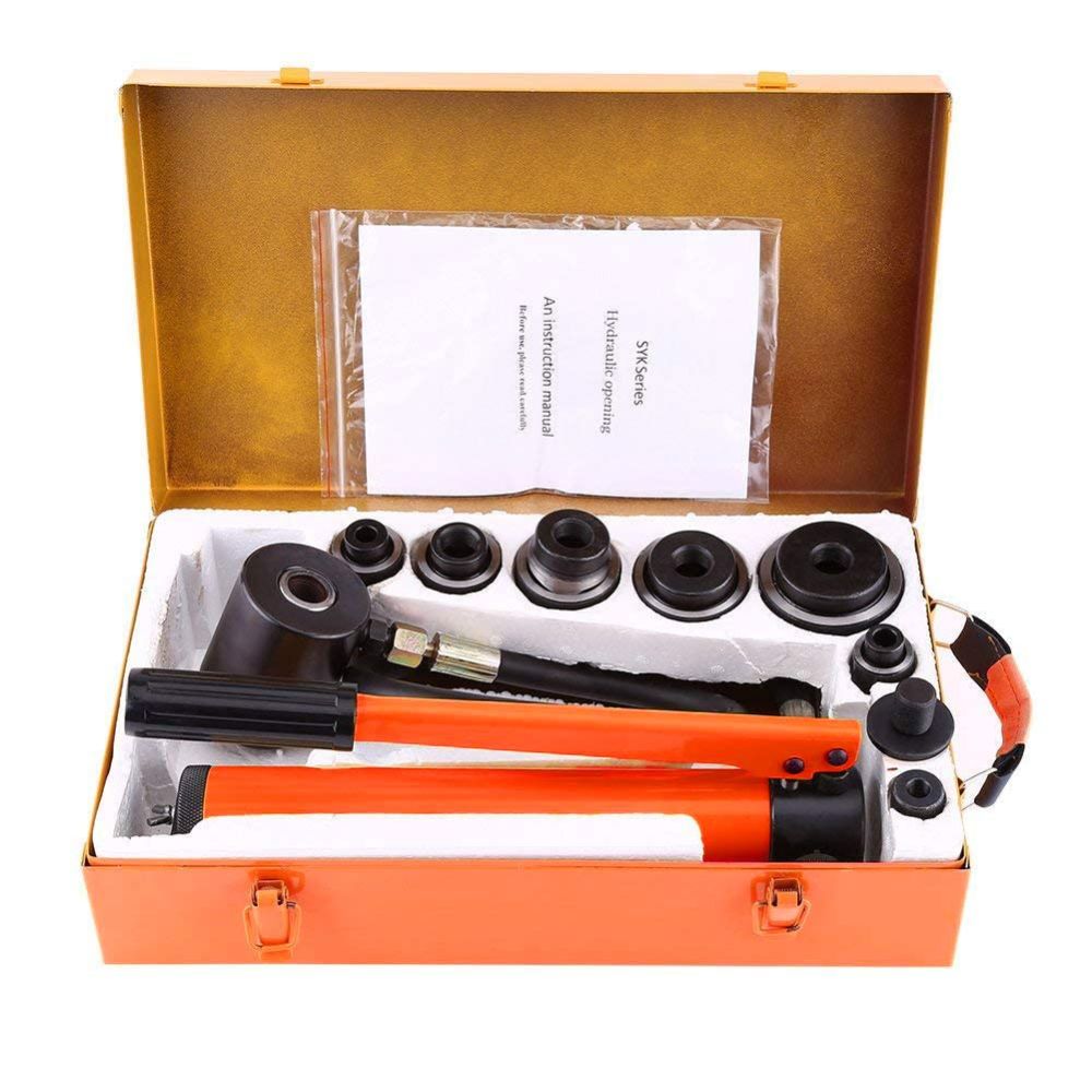 VOLTZ SYK-8B Hydraulic Knockout Punches Professional 22mm to 60mm 8 Ton Hydraulic Knockout Punches Metal Hole Complete Puncher Driver Kit Tool Set Yellow w/Draw Studs Piston Shafts Spacers Sealing Rings Carrying Case(6 DIES)