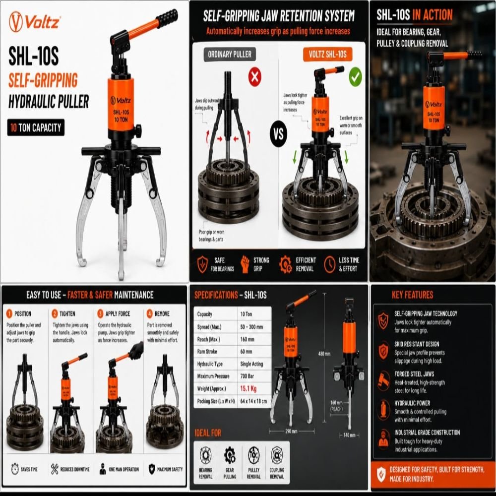 VOLTZ SHL-10S Skid-Resistance Hydraulic Puller – 10 Ton Heavy Duty Bearing & Gear Puller