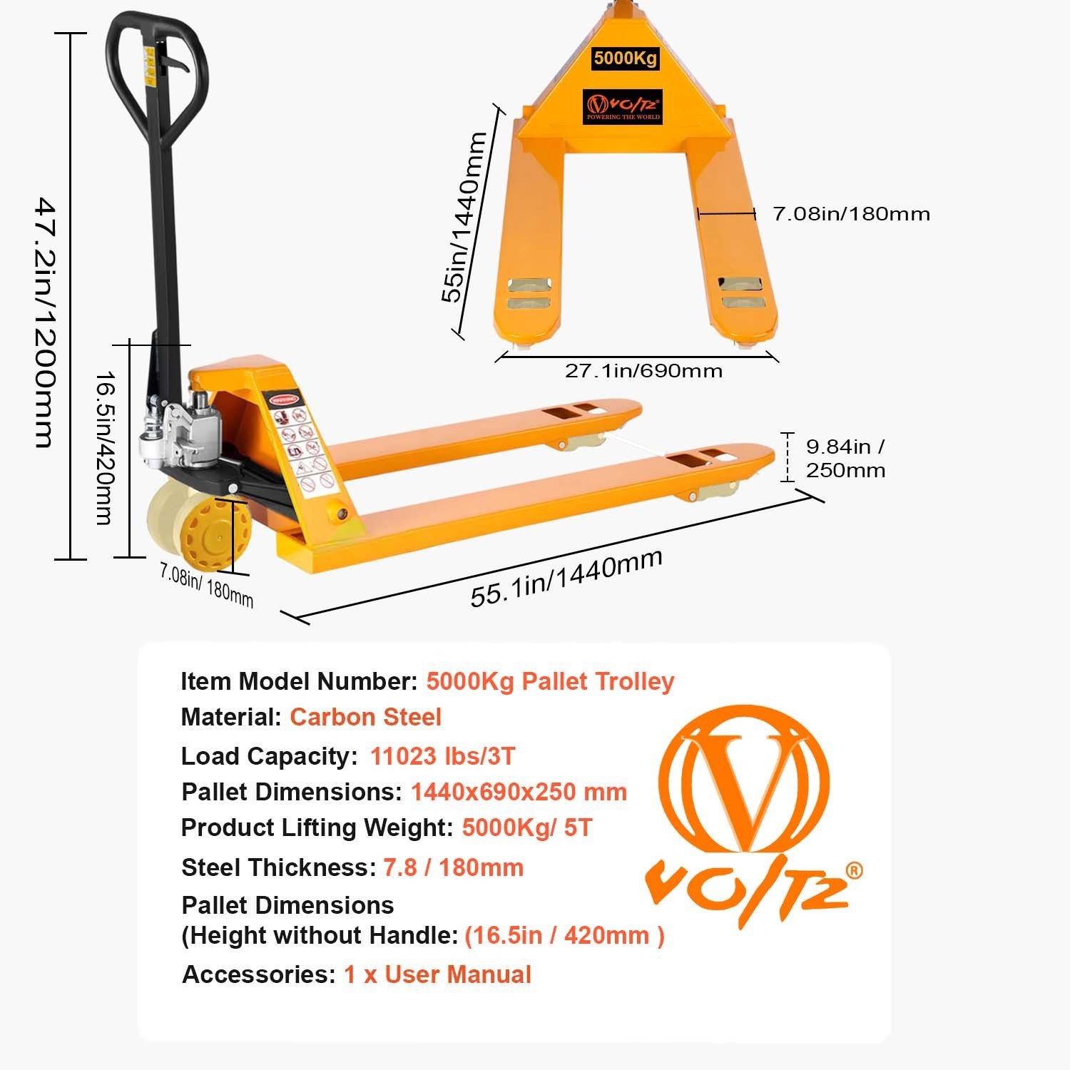 VOLTZ PT-5 Ton Hydraulic Hand Pallet Truck 5000kg Lift Height 250mm, Fork Size 1440x690x1200mm Heavy Duty 3 Stage Lever Manual Use for Warehouse, Factory Operations