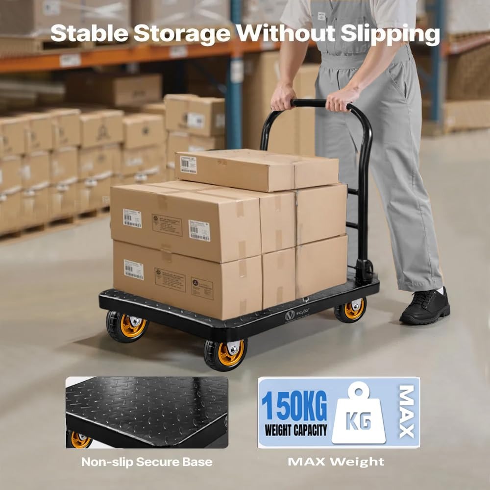 Voltz VZ-VPH 150 Steel Platform Trolley 150kg Load Capacity Heavy Duty Steel Platform Trolley with 360° Swivel Wheels  Foldable Handle Industrial Warehouse Moving Cart
