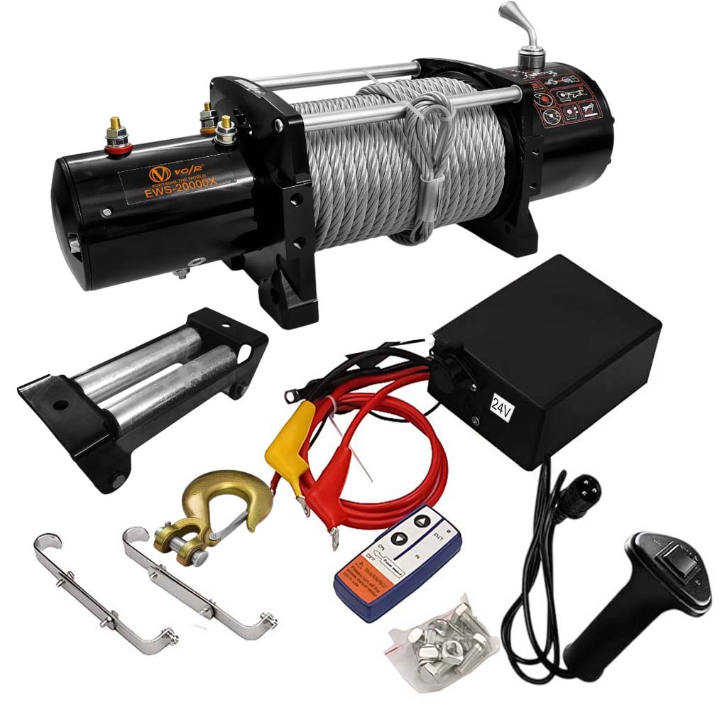 VOLTZ EWS-20000U 24v Electric winch with steel rope (9090kgs) single line, battery-operated Remote control winch Cable (11.5M/26mm) alloy steel