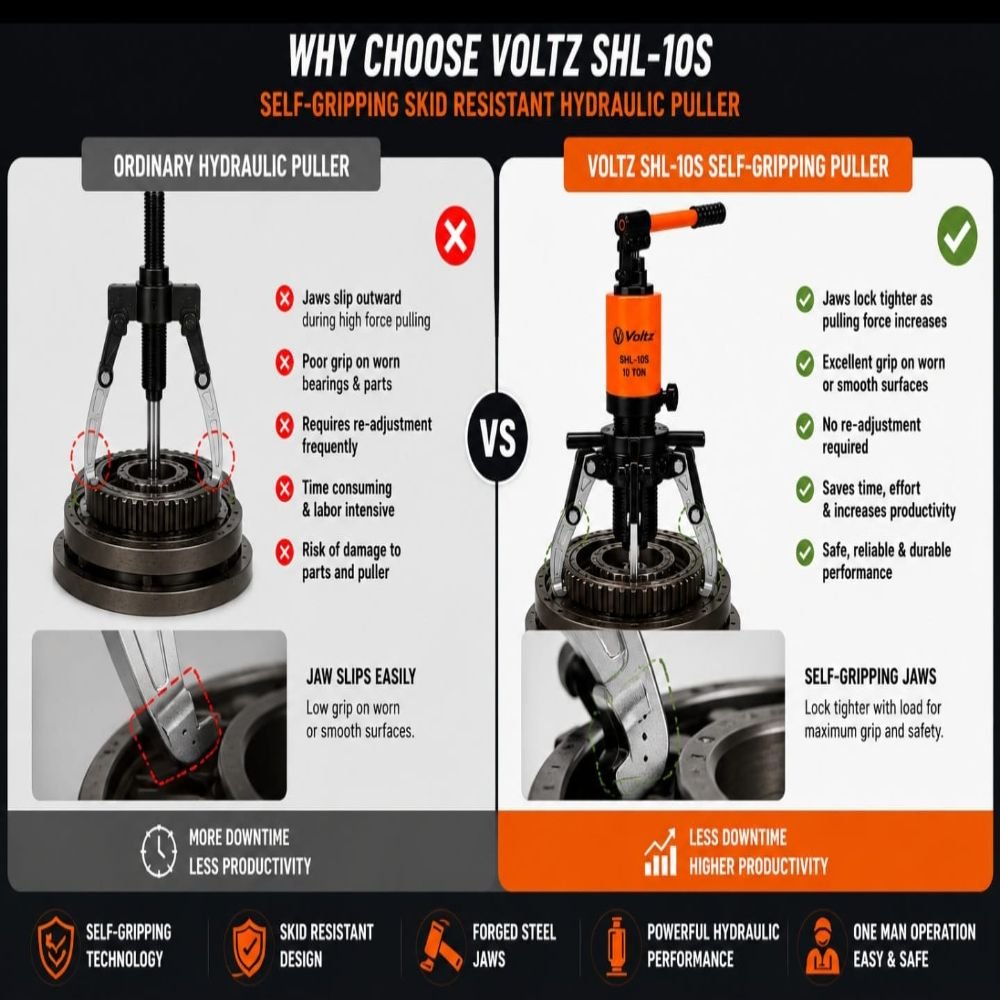 VOLTZ SHL-10S Skid-Resistance Hydraulic Puller – 10 Ton Heavy Duty Bearing & Gear Puller