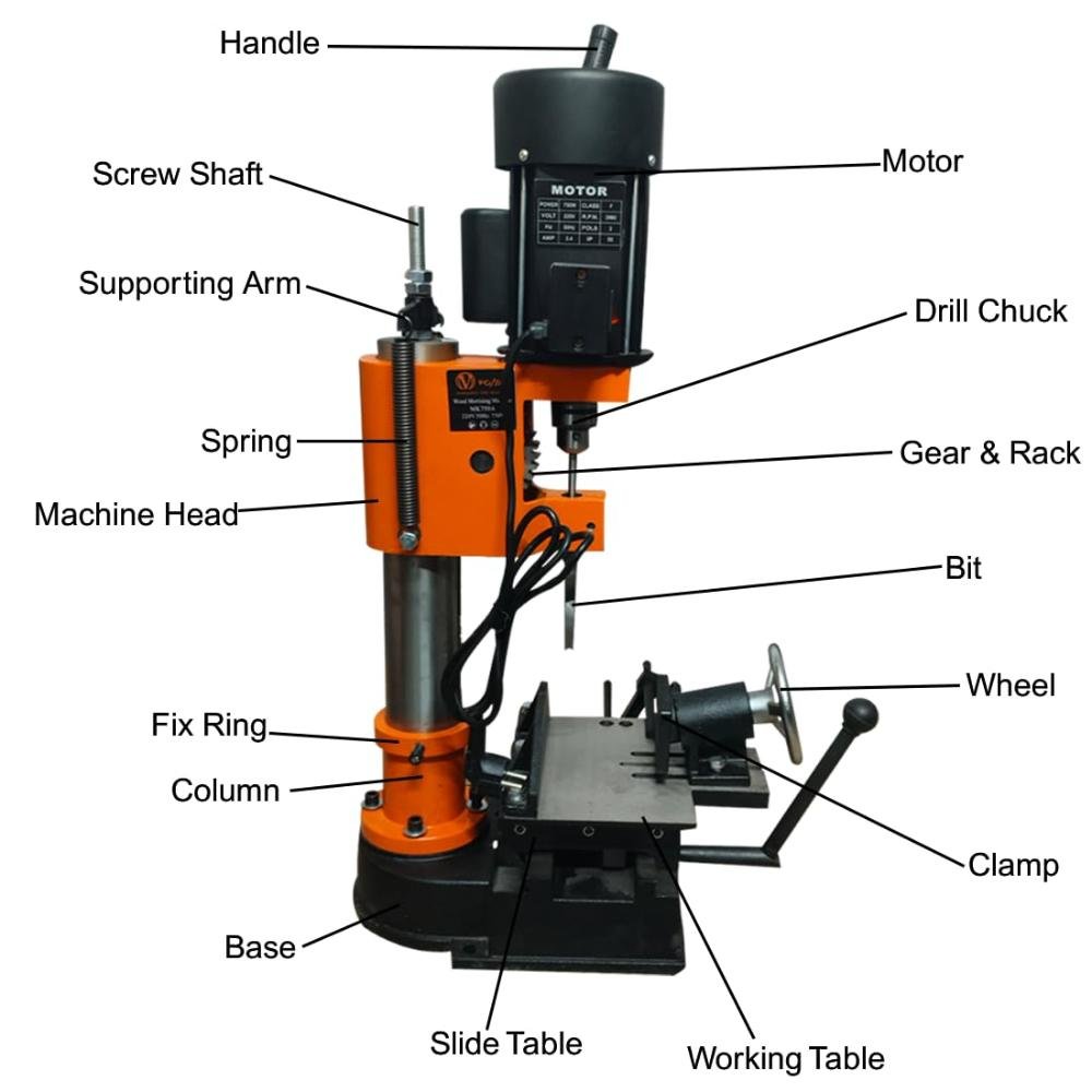 VOLTZ VZ-MK-750A Wood Bench Mortiser  Woodworking Mortising Machine RPM-2840, Black/Orange (750W) Set
