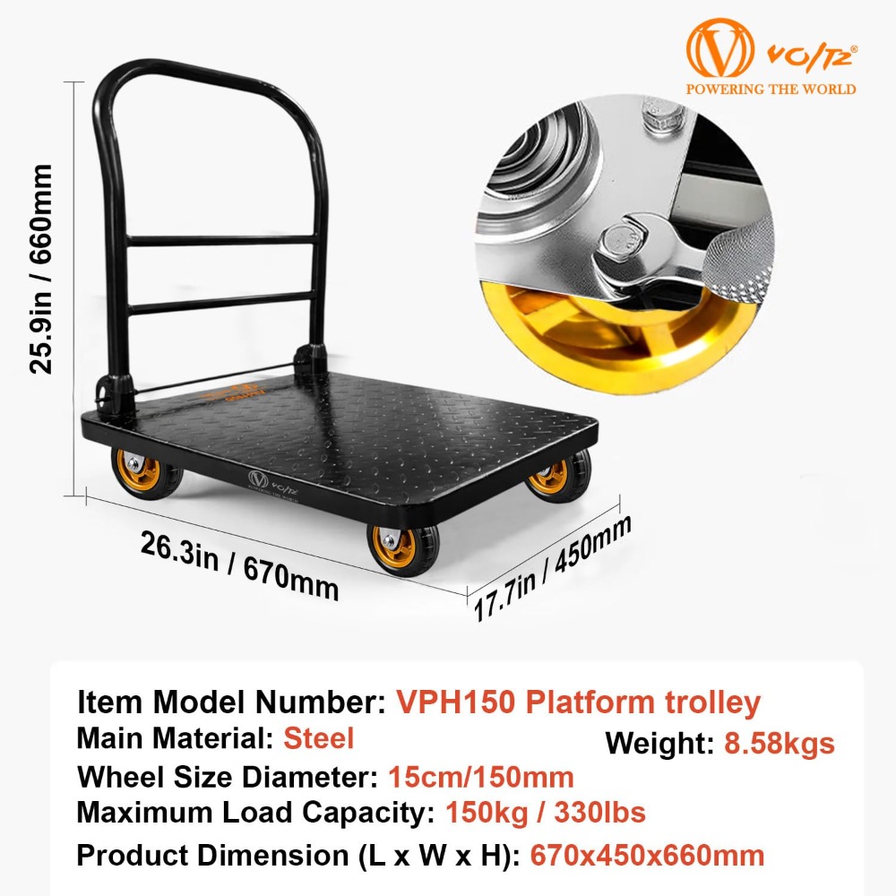 Voltz VZ-VPH 150 Steel Platform Trolley 150kg Load Capacity Heavy Duty Steel Platform Trolley with 360° Swivel Wheels  Foldable Handle Industrial Warehouse Moving Cart