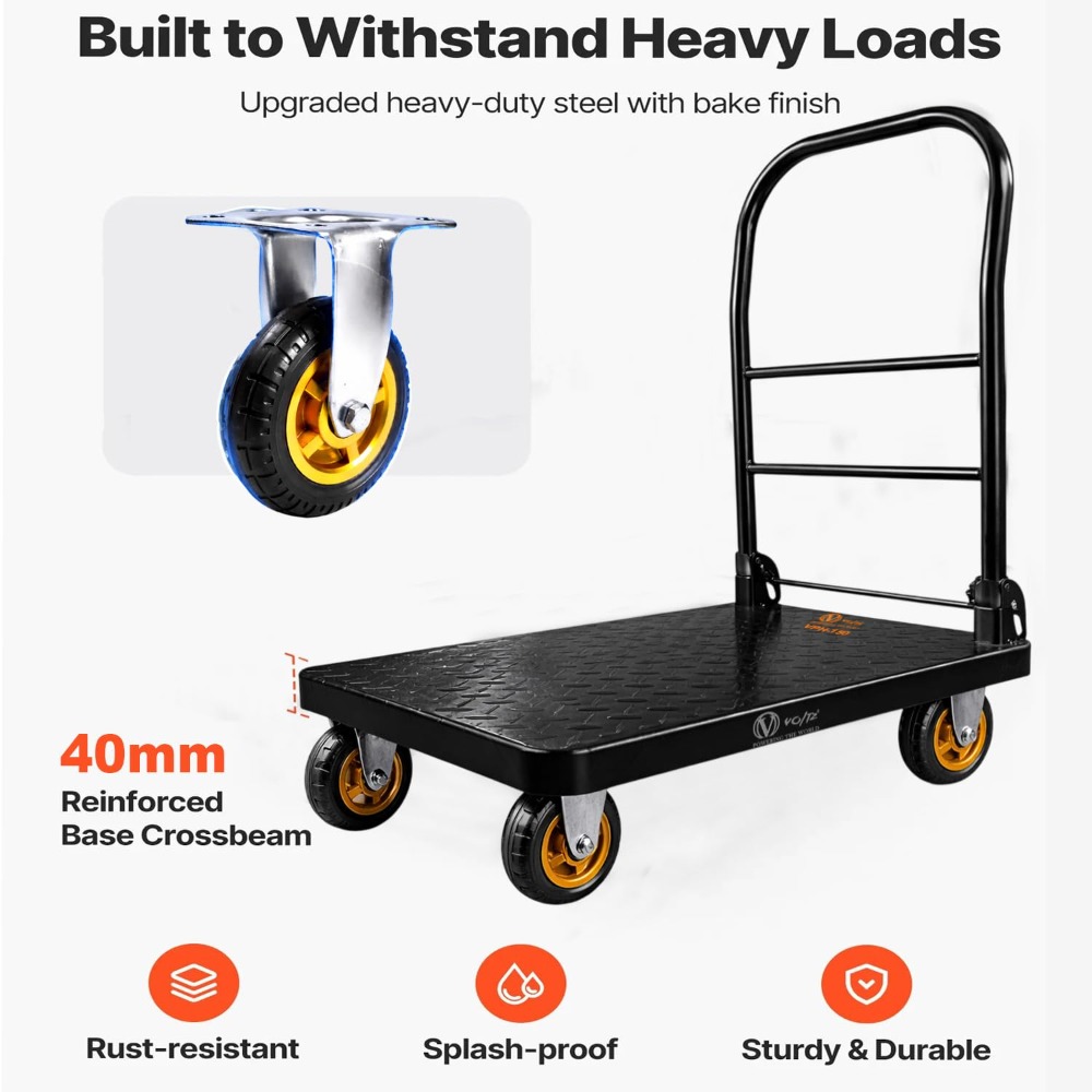 Voltz VZ-VPH 150 Steel Platform Trolley 150kg Load Capacity Heavy Duty Steel Platform Trolley with 360° Swivel Wheels  Foldable Handle Industrial Warehouse Moving Cart
