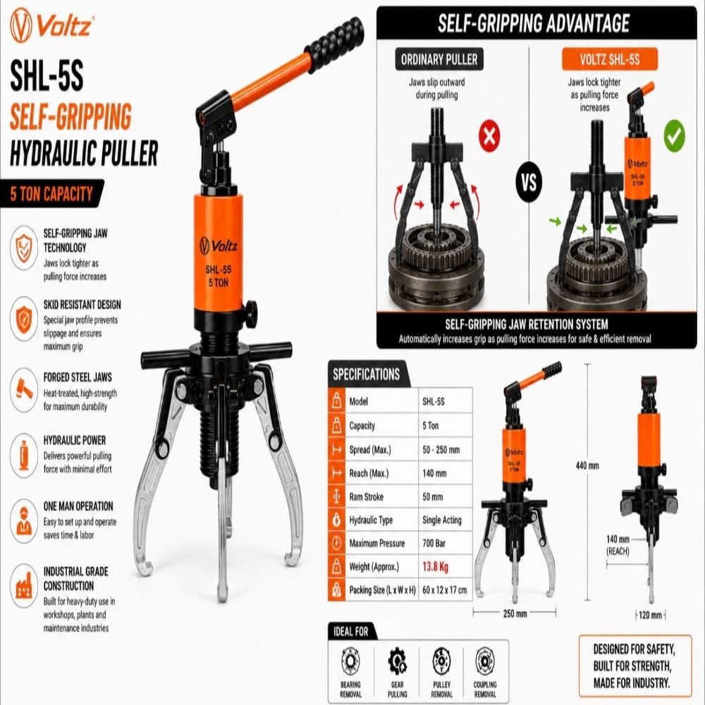 VOLTZ SHL-5S Hydraulic Puller – 5 Ton Bearing, Gear & Pulley Puller