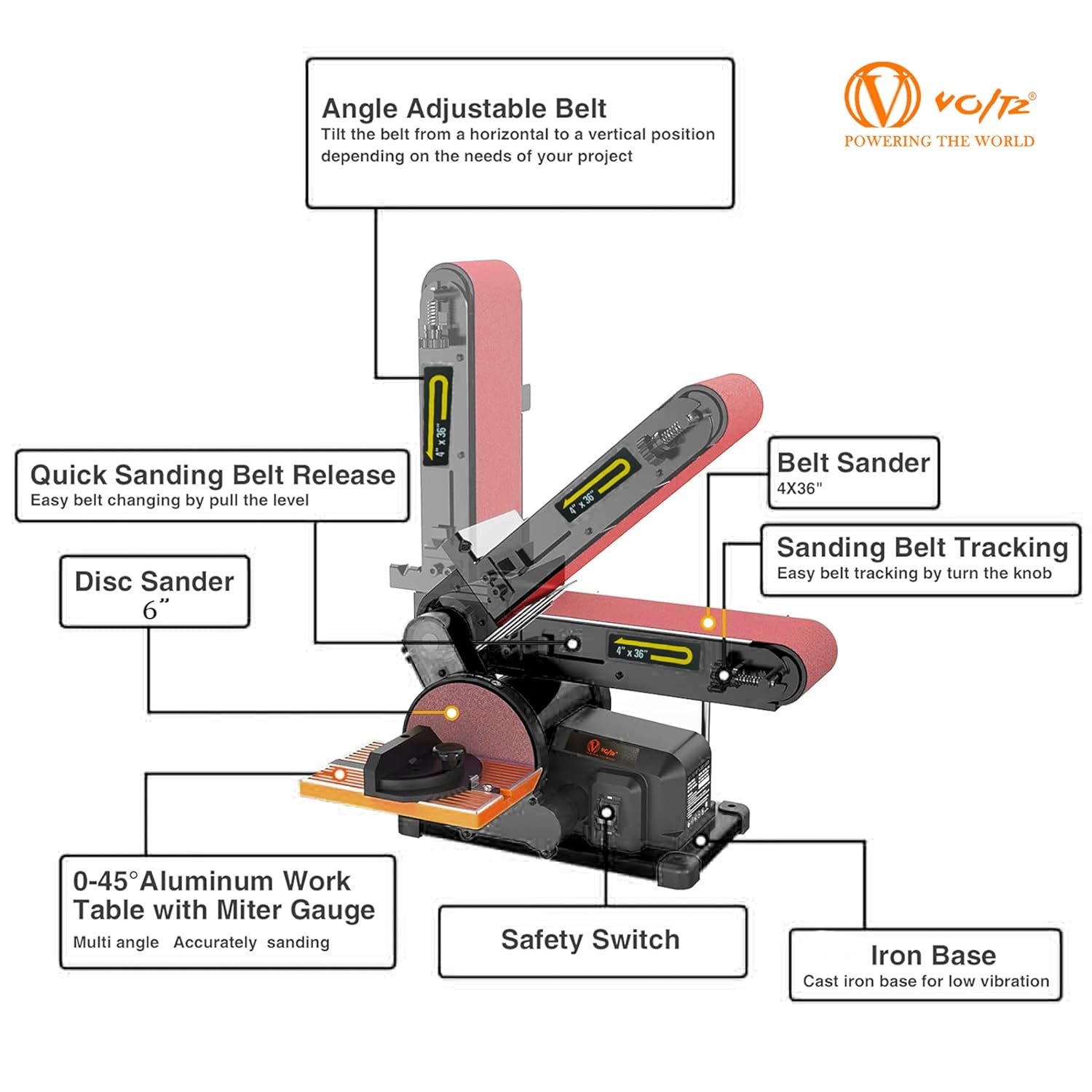 VOLTZ VZ-DS-500 Electric Belt Grinder Sander 6 Inch Electric Belt & Disc Sander 500W Grinder Polisher 2980 RPM Speed Metal Bench Sanding Machine Workshop Sanding Grinding Machine