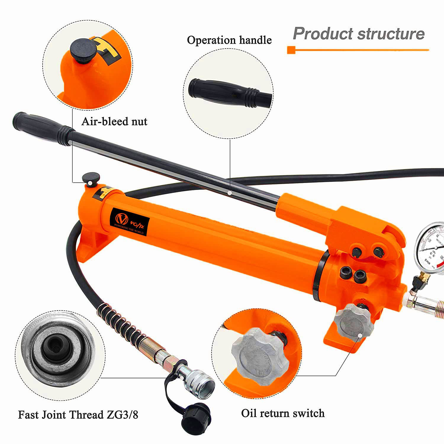 VOLTZ RSC 5050700B Hydraulic cylinders 50T 2Inch Stroke Hydraulic Cylinder Jack Solid With Hand pump Pressure Gauge Single Acting Hydraulic Ram Cylinder 50mm Hydraulic Lifting Cylinders (50T 2Inch)