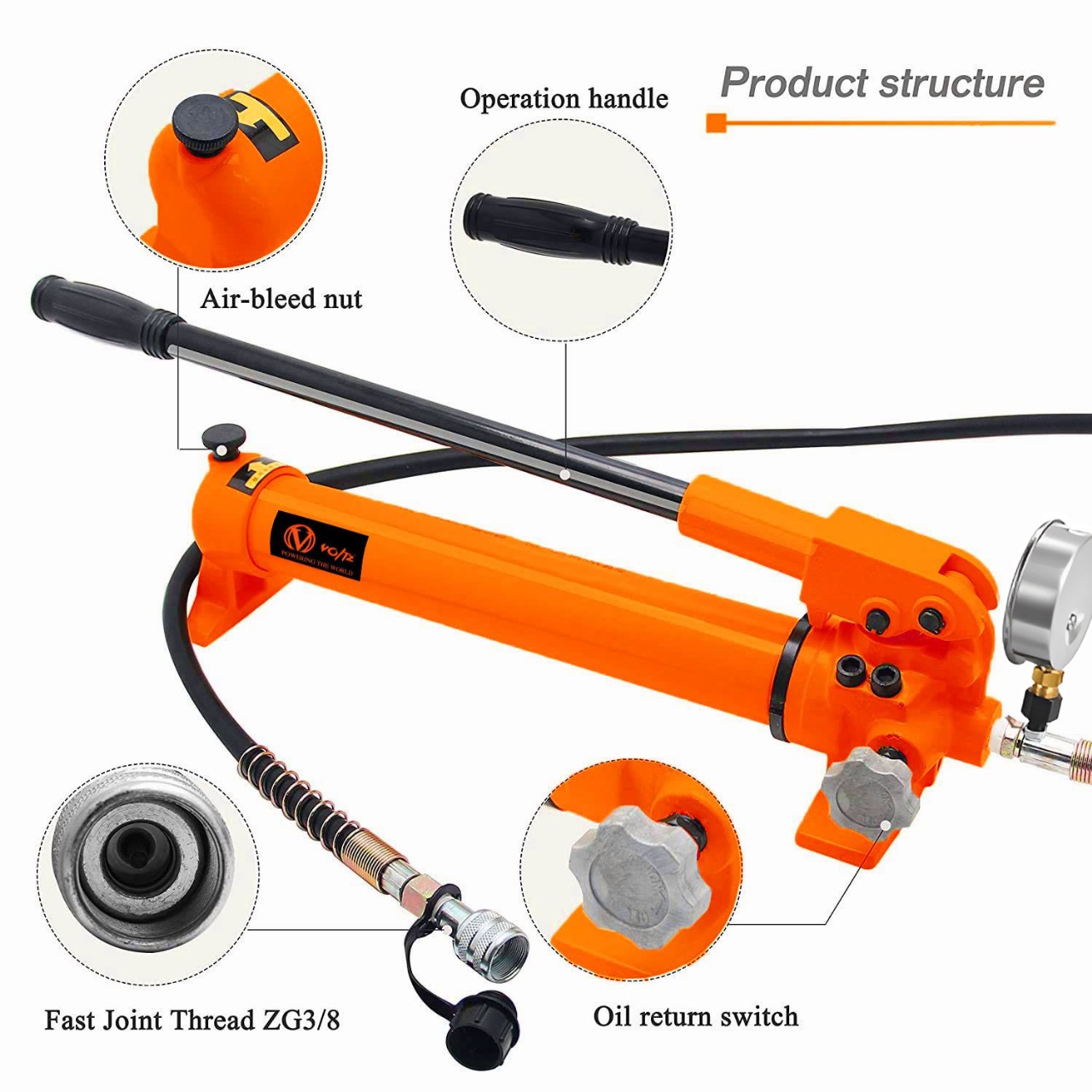 VOLTZ VZ - RSC-10150 Hydraulic Lifting Jack with CP 700B Hydraulic Pressure Gauge Pump Single Acting Ram 150mm Lifting Hydraulic Cylinder Jack Solid with Hand Pump 10 TON (6inch)