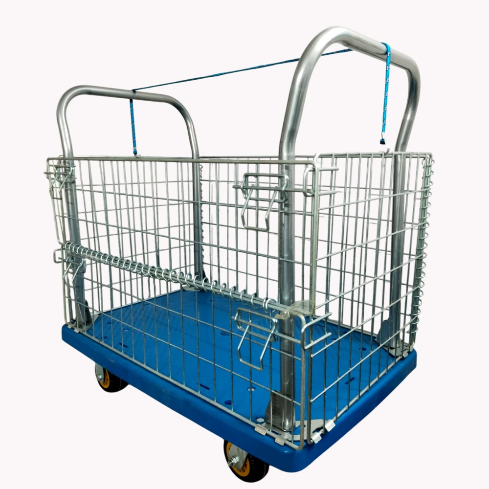 VOLTZ-VTC-400kg Plastic Platform Trolley With Fence Double Handrail Platform Trolley 400kg For Loading And Storage Materials 360 Degree Swivel Wheels, Portable, Foldable Easily Storable Trolley