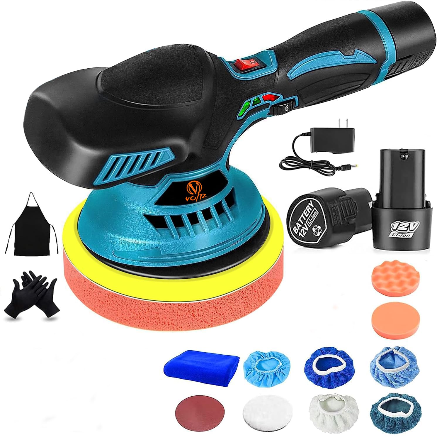 VOLTZ VZ-CP200 Cordless Car Buffer Polisher with 2PCS 12v Lithium Rechargeable Battery,Cordless Buffer Polisher for Car detailing with 6 Variable Speed,6 Inch Portable Buffer Polisher